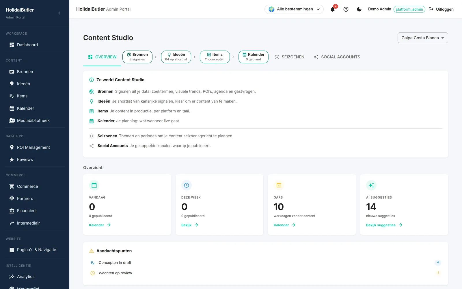 Admin Portal Content Studio-dashboard: bronnen, ideeen en kalender per bestemming, gedemonstreerd met een demo-account