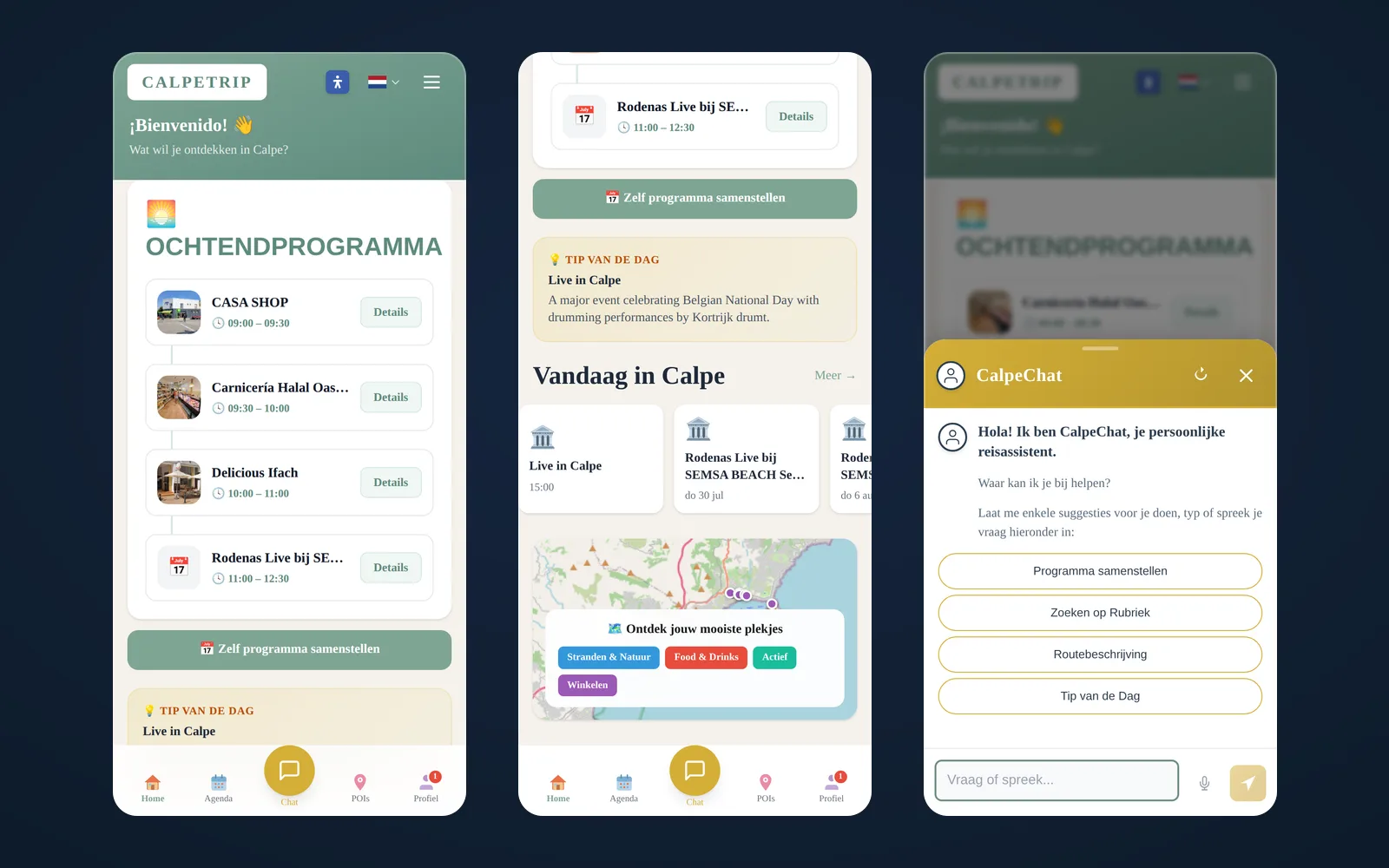 Drie mobiele schermweergaven van CalpeTrip.com met de geopende CalpeChat-assistent