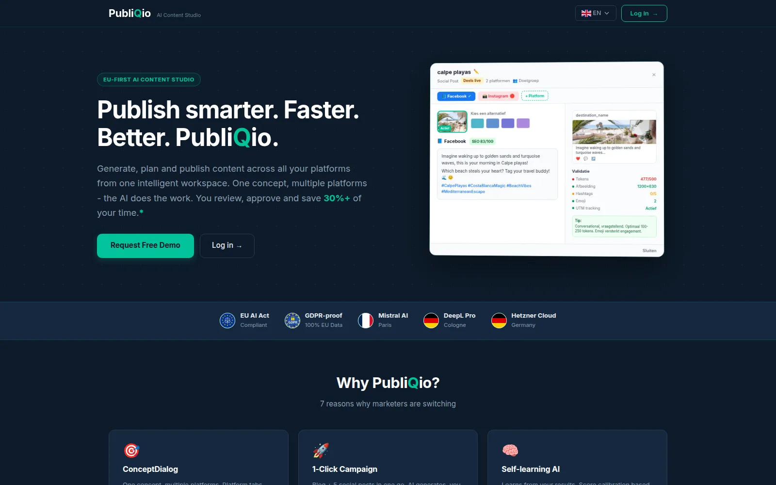 Homepage van PubliQio.com, EU-first AI Content Studio